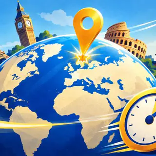 Capital Sprint cover art: A golden pin lands on a capital on a blue globe ringed by the Eiffel Tower, Big Ben, the Colosseum and a pagoda.