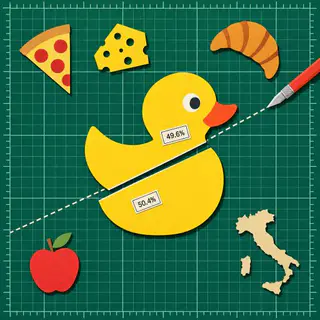 Halfway cover art: A paper rubber duck on a green cutting mat, split by one straight cut into two pieces labelled 49.6% and 50.4%.
