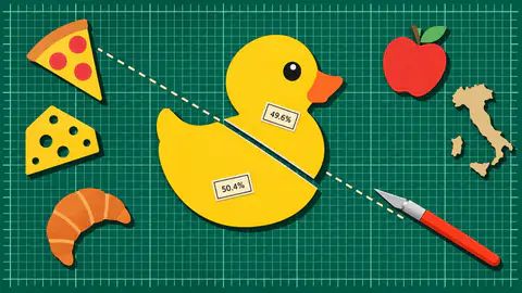 Halfway cover art: A paper rubber duck on a green cutting mat, split by one straight cut into two pieces labelled 49.6% and 50.4%.