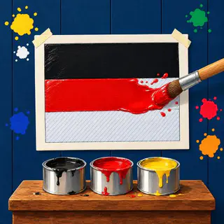 Paint by Nation cover art: Germany's flag half painted on a taped canvas board: a brush floods the red stripe, the bottom still blank, above three paint tins.