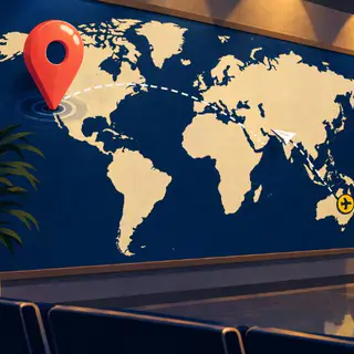 Pin Drop cover art: A coral pin drops into a blank coastline world map in a night departures hall, a dashed flight path to a yellow roundel.