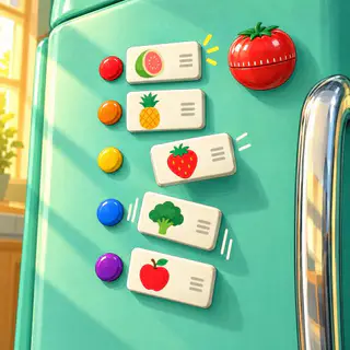 Rank It cover art: A sunlit mint fridge door with five picture magnets ranked beside red-to-purple dots, the strawberry lifted mid-drag, and a tomato timer.