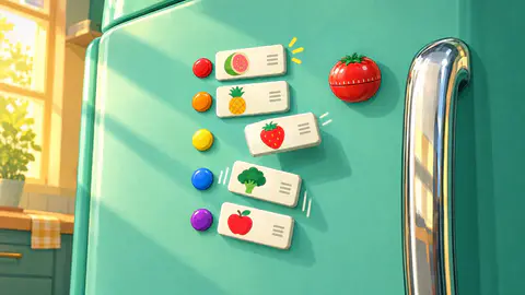 Rank It cover art: A sunlit mint fridge door with five picture magnets ranked beside red-to-purple dots, the strawberry lifted mid-drag, and a tomato timer.