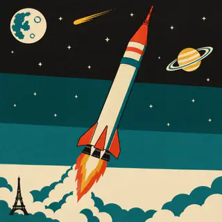 Uncommet cover art: A cream-and-red 1960s rocket climbs from the clouds past the Eiffel Tower into space, with the Moon, Saturn and a gold comet.