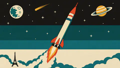 Uncommet cover art: A cream-and-red 1960s rocket climbs from the clouds past the Eiffel Tower into space, with the Moon, Saturn and a gold comet.